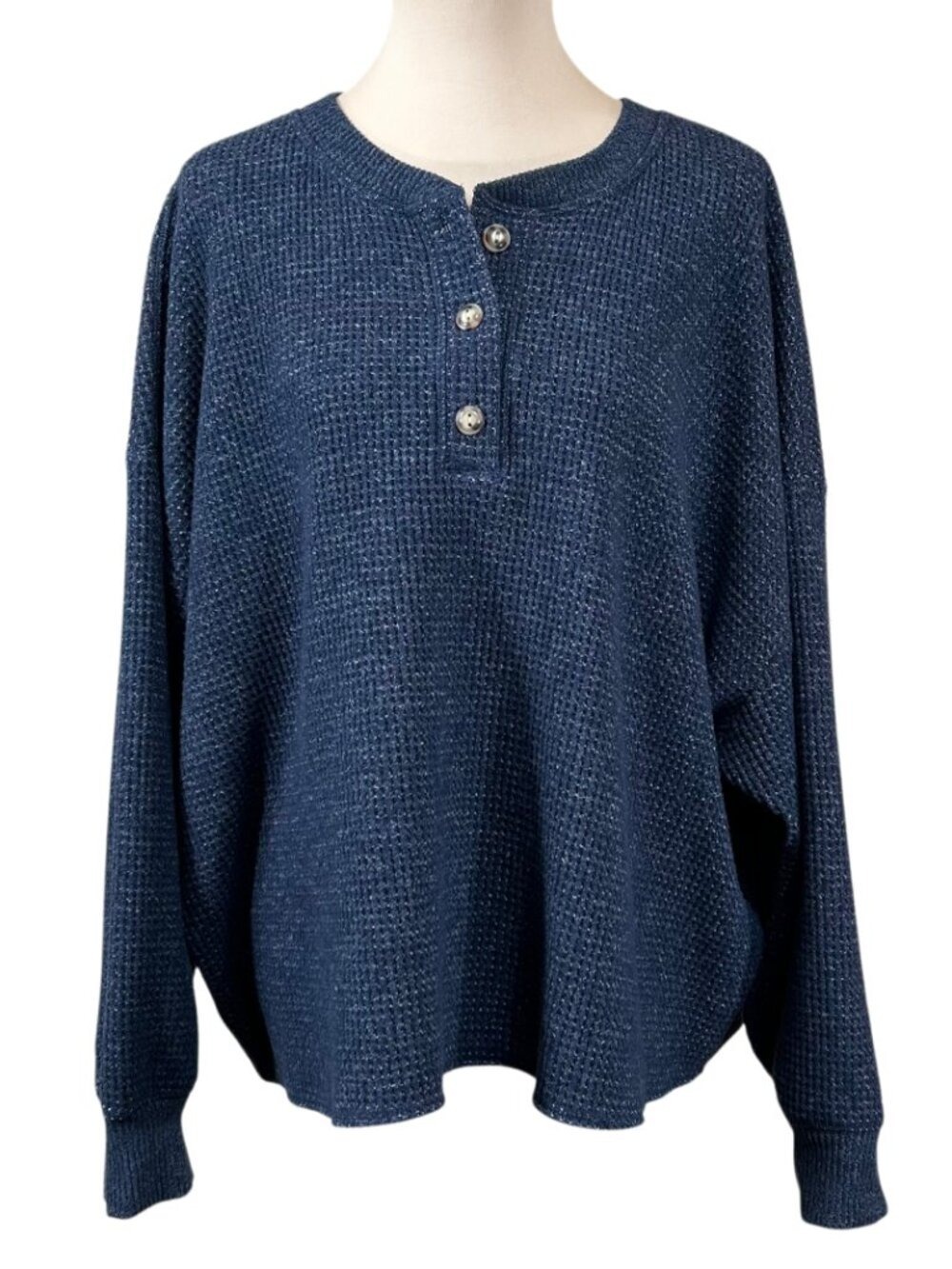 Old Navy Blue Waffle Marl Fabric Henley Soft Cozy Top Size 3X